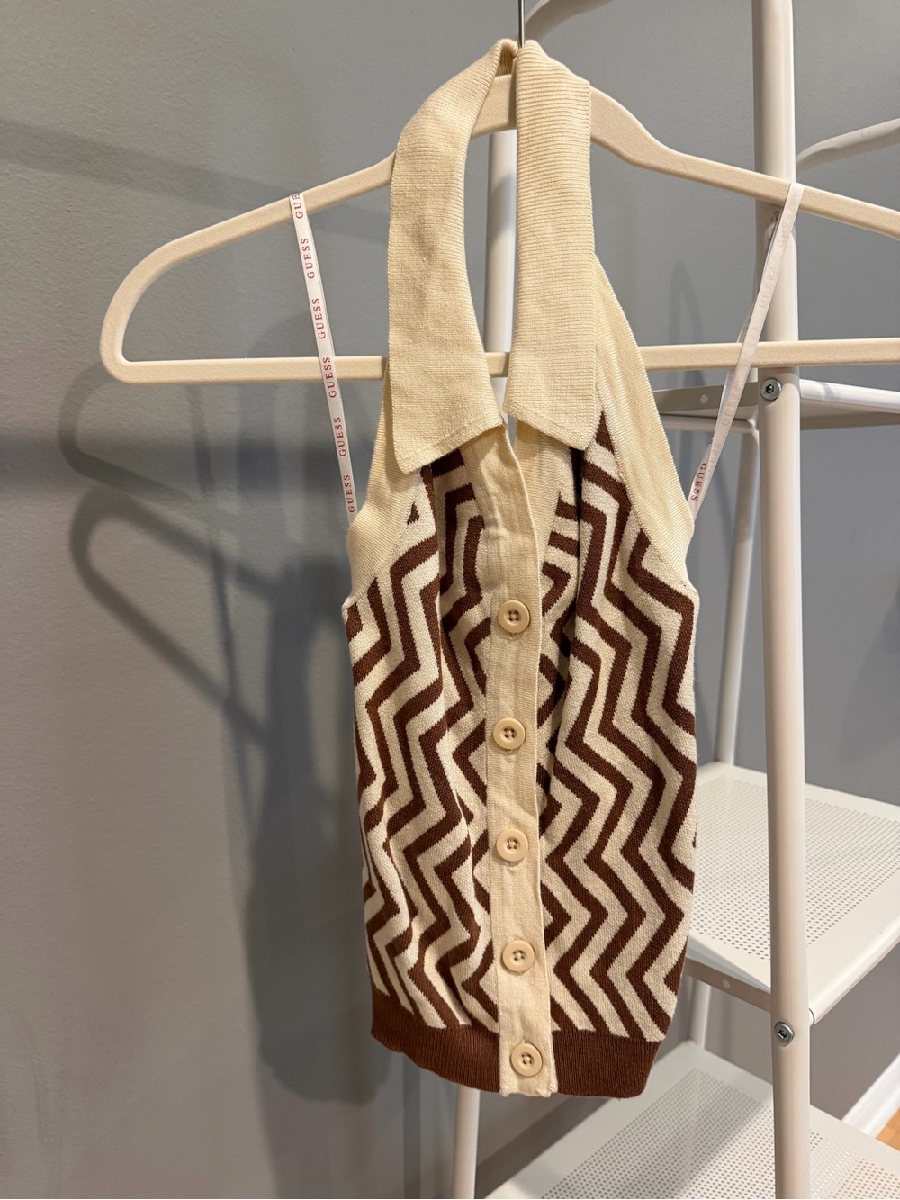 Guess Cream and Brown Zigzag Halter Button-Up Knit Top